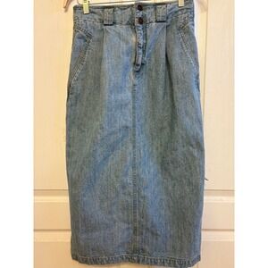 Vintage Lizwear Denim Midi Skirt Light Wash High Waisted Pleated Cotton USA 10